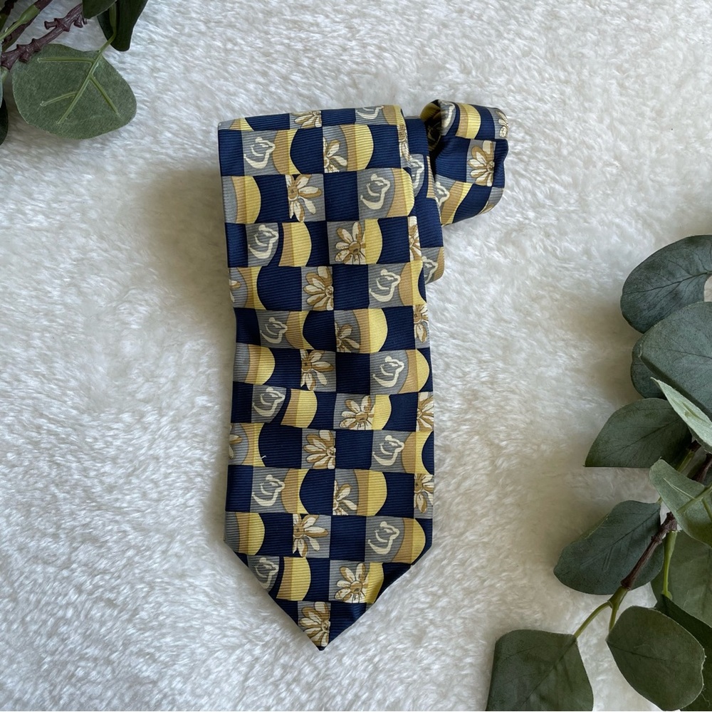 Weiss Art Australia Traditional Width Checkered Floral Yellow and Navy Silk Tie